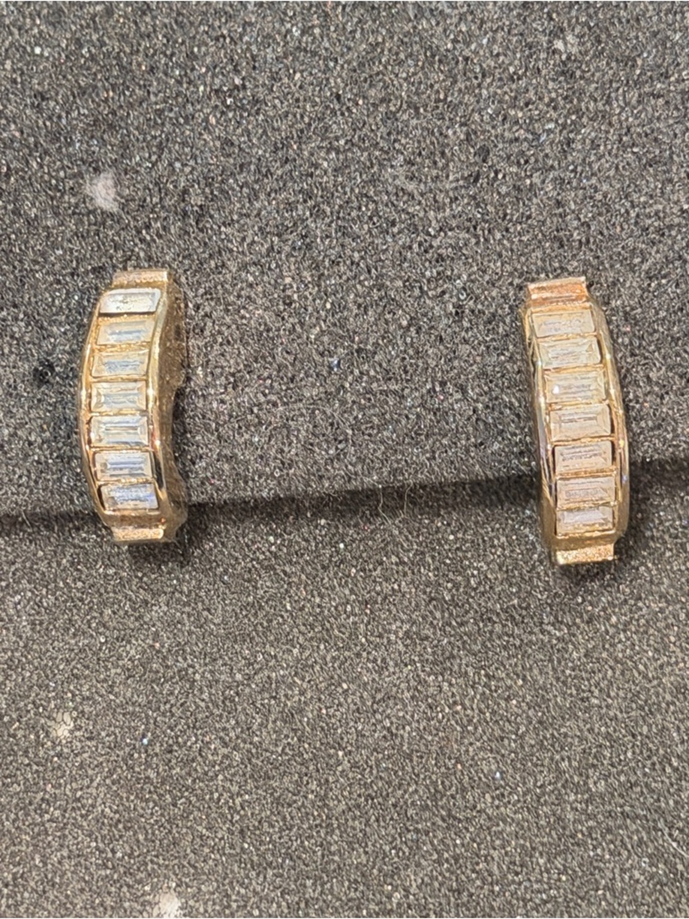 Christian Dior Gold Tone Crystal Baguette Huggie Clip On Hoop Earrings